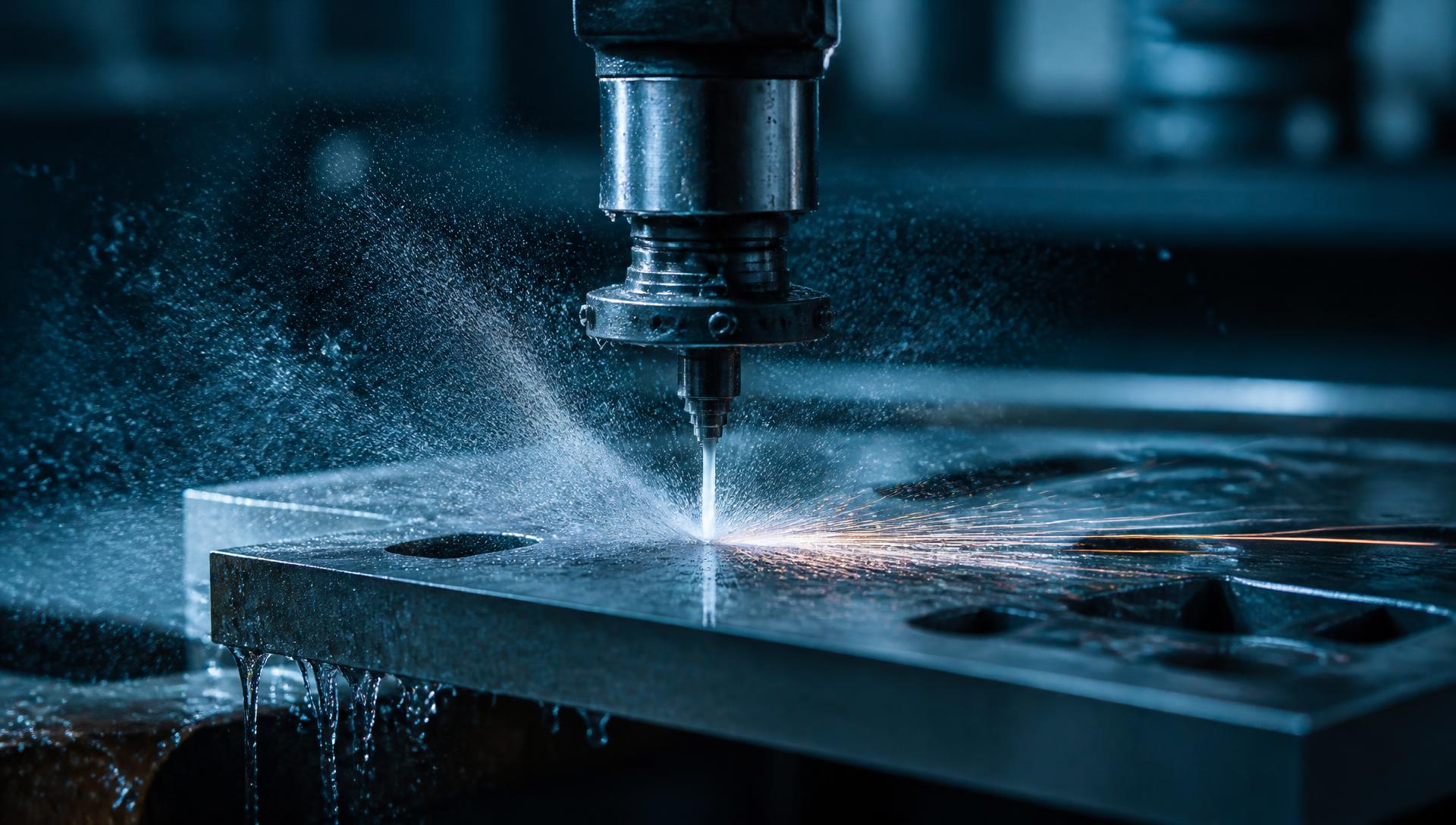 Abrasive waterjet head cutting through a thick steel plate with high-pressure spray